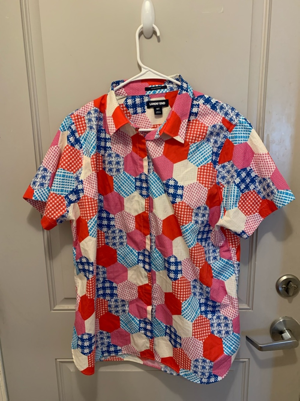 Lands' End Women’s  Short-Sleeve Geometric Patchwork Shirt Women’s Size 18T
